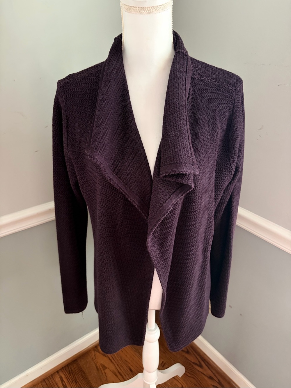 Eileen Fisher 100% Silk Textured Draped Cardigan | Eggplant Purple | Size M - Picture 2 of 8